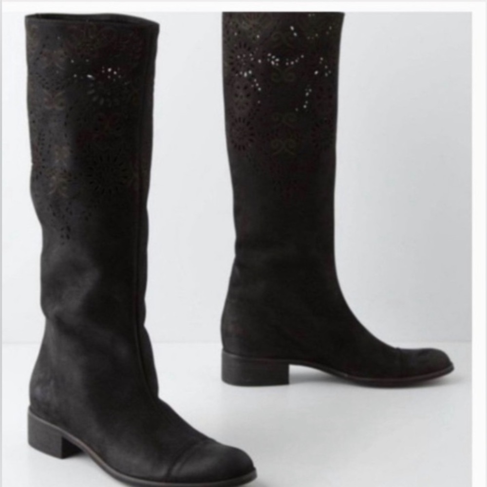 Laurel Anthro Italy Made Openwork Laser Cut Leather Black Tall Boots 36 US 6
